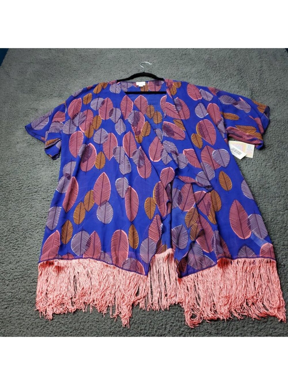 LulaRoe Monroe Kimono Cardigan Womens L Large Multicolor Fringe Floral Blue Pink